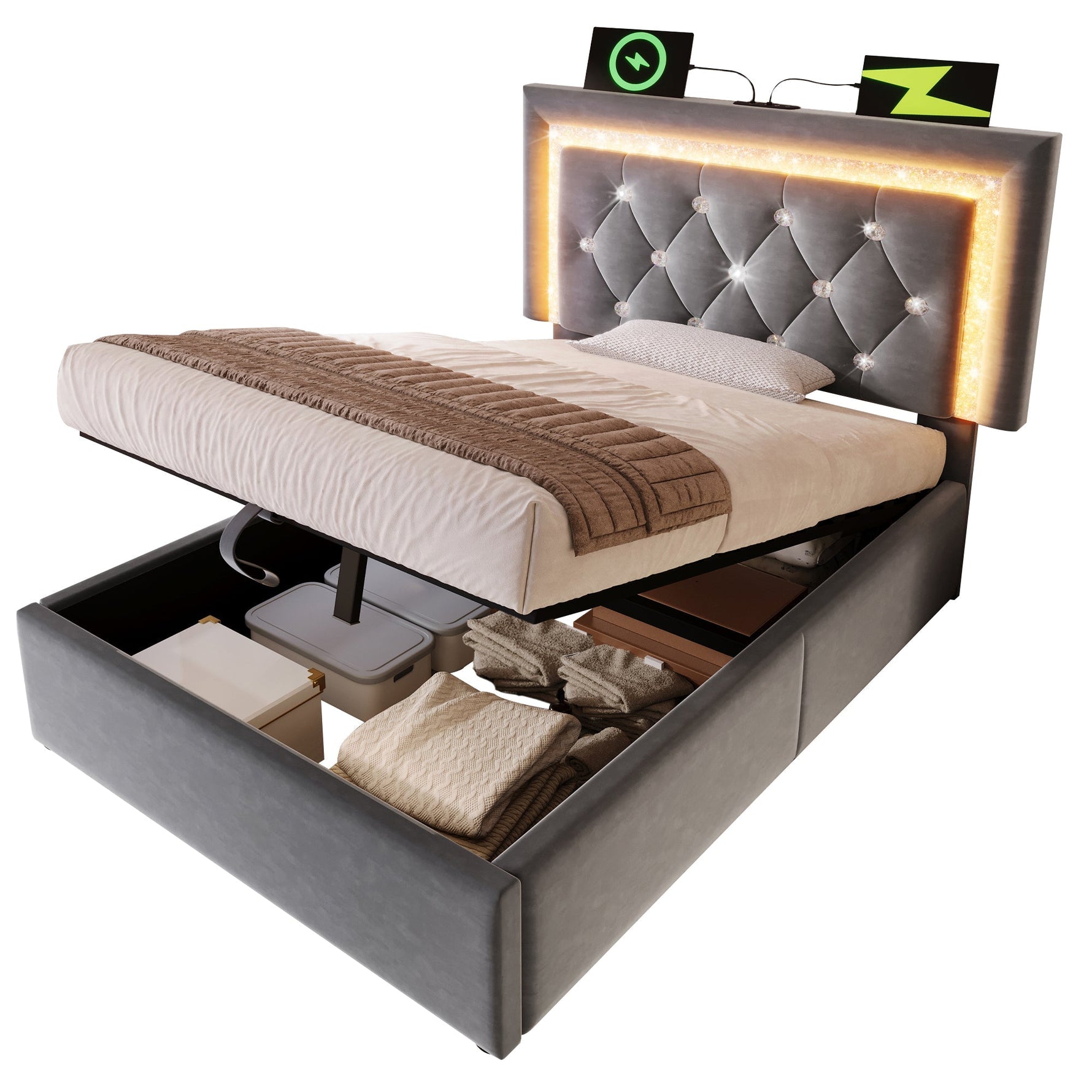 Upholstered Single Bed 90x200cm Hydraulic Storage LED USB Velvet Grey
