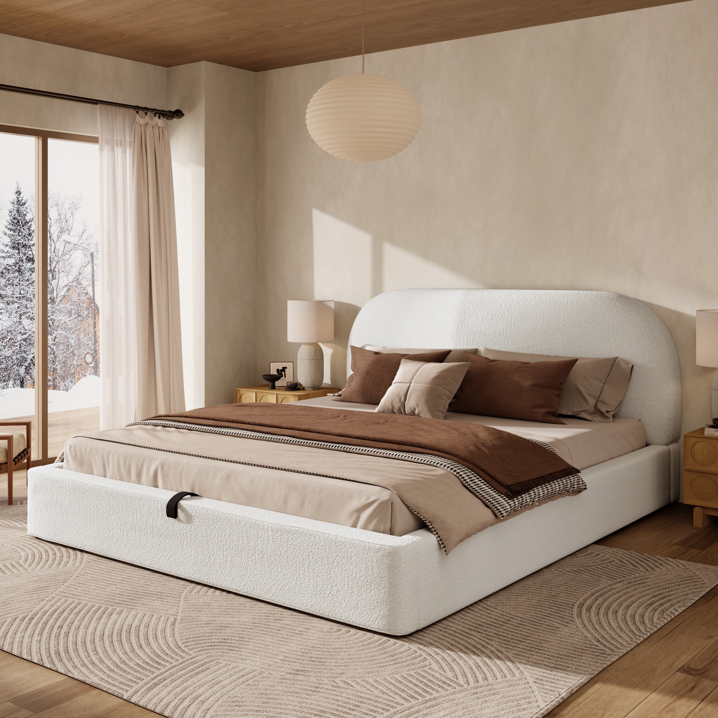 Upholstered Double Bed 180x200cm with Hydraulic Storage and Slatted Base, Beige Bouclé