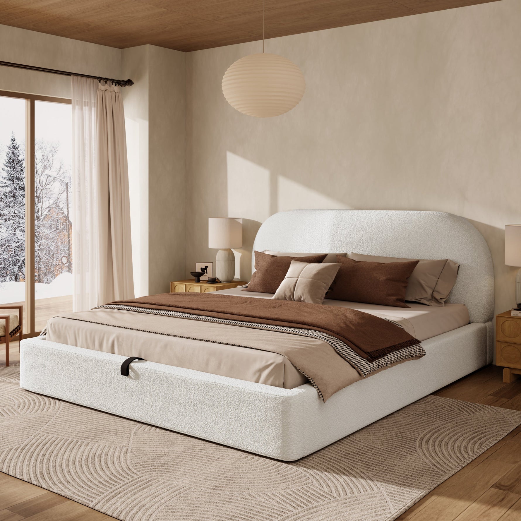 Upholstered Double Bed 180x200cm with Hydraulic Storage and Slatted Base, Beige Bouclé