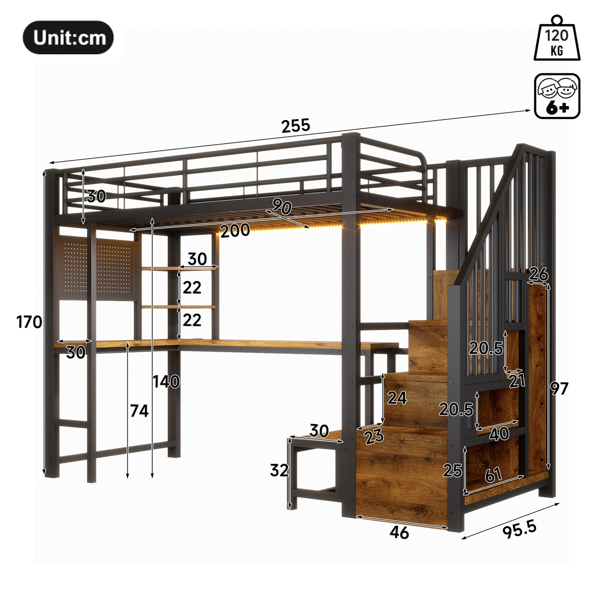 Loft Bed 90x200cm with Desk, LED Lighting & Storage, Black