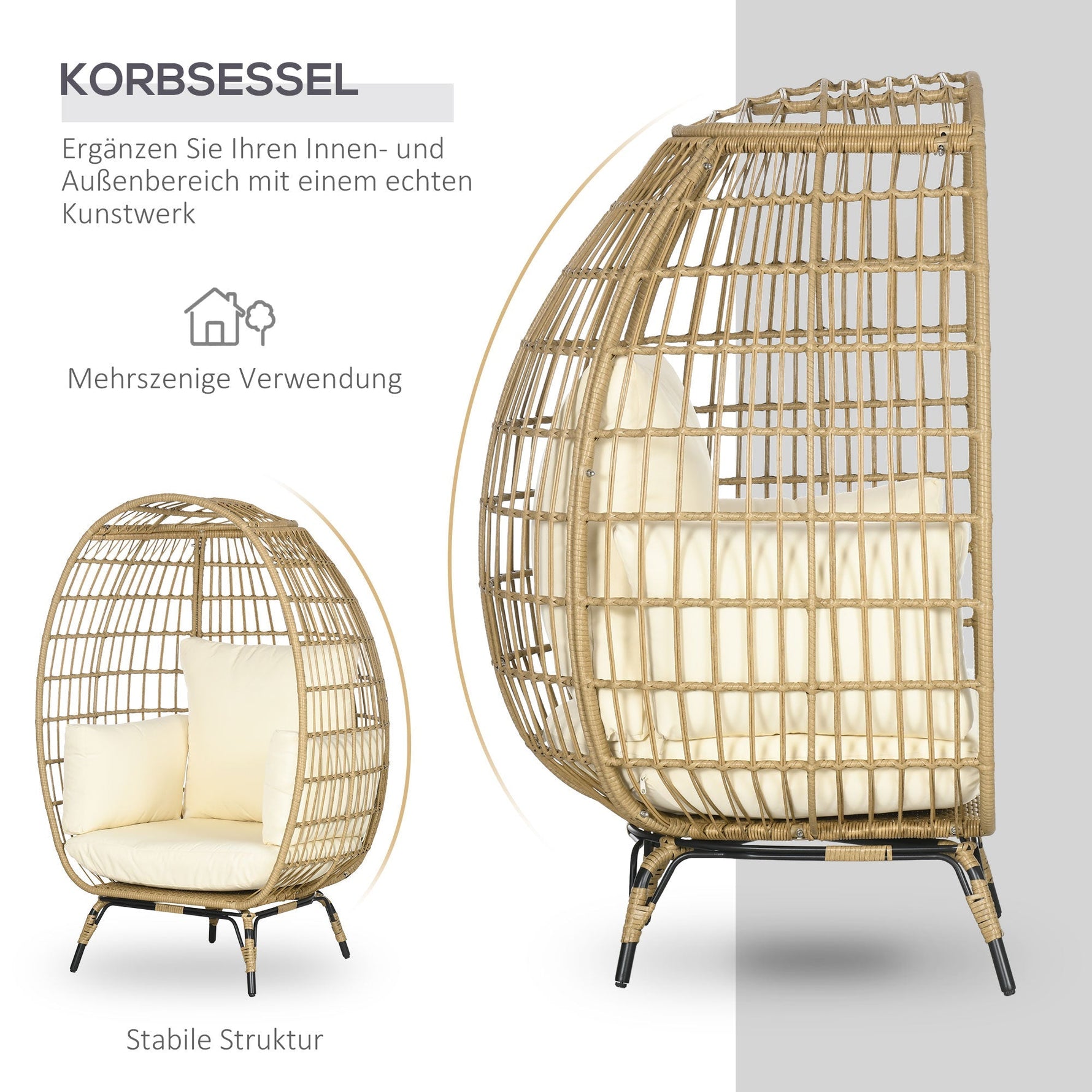 Rattan Chair Basket Shape with Seat Cushion Raised Garden Khaki Metal