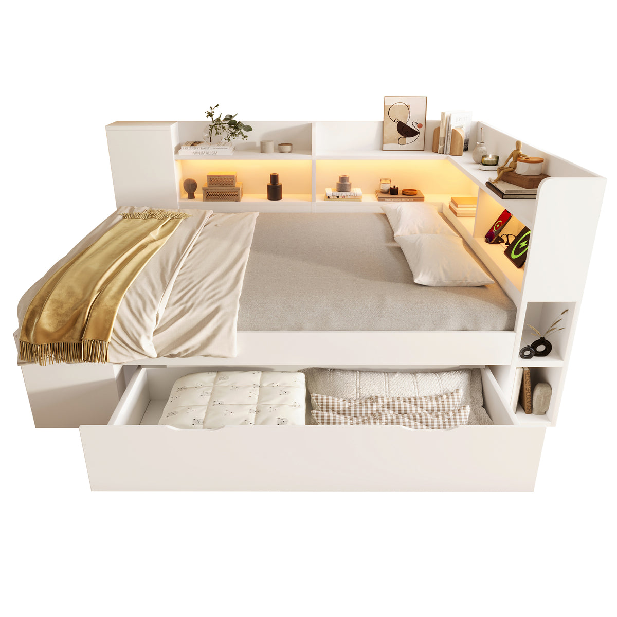 Functional Daybed 140x200cm with LED Light & Storage Drawers, White