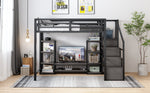Loft Bed with TV Stand, Power Outlet and Safety Ladder, 140x200cm, Black Metal and Wood