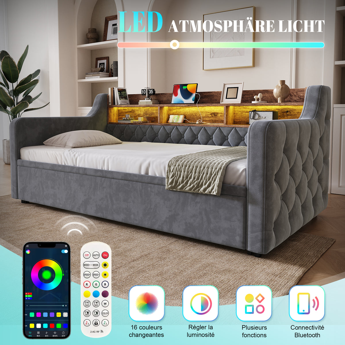 Extendable Sofa Bed 90x200cm with LED & USB, Beige Velvet