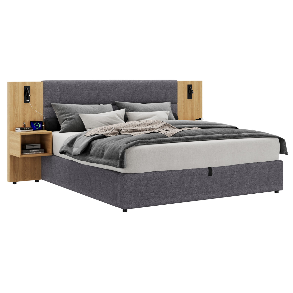 Upholstered Bed 180x200cm with LED & 2 Nightstands, Grey Velvet