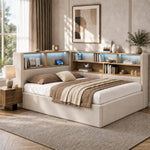 Daybed 140x200 cm with Storage, LED & USB, Beige Velvet