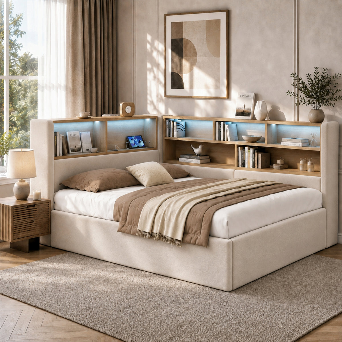 Daybed 140x200 cm with Storage, LED & USB, Beige Velvet