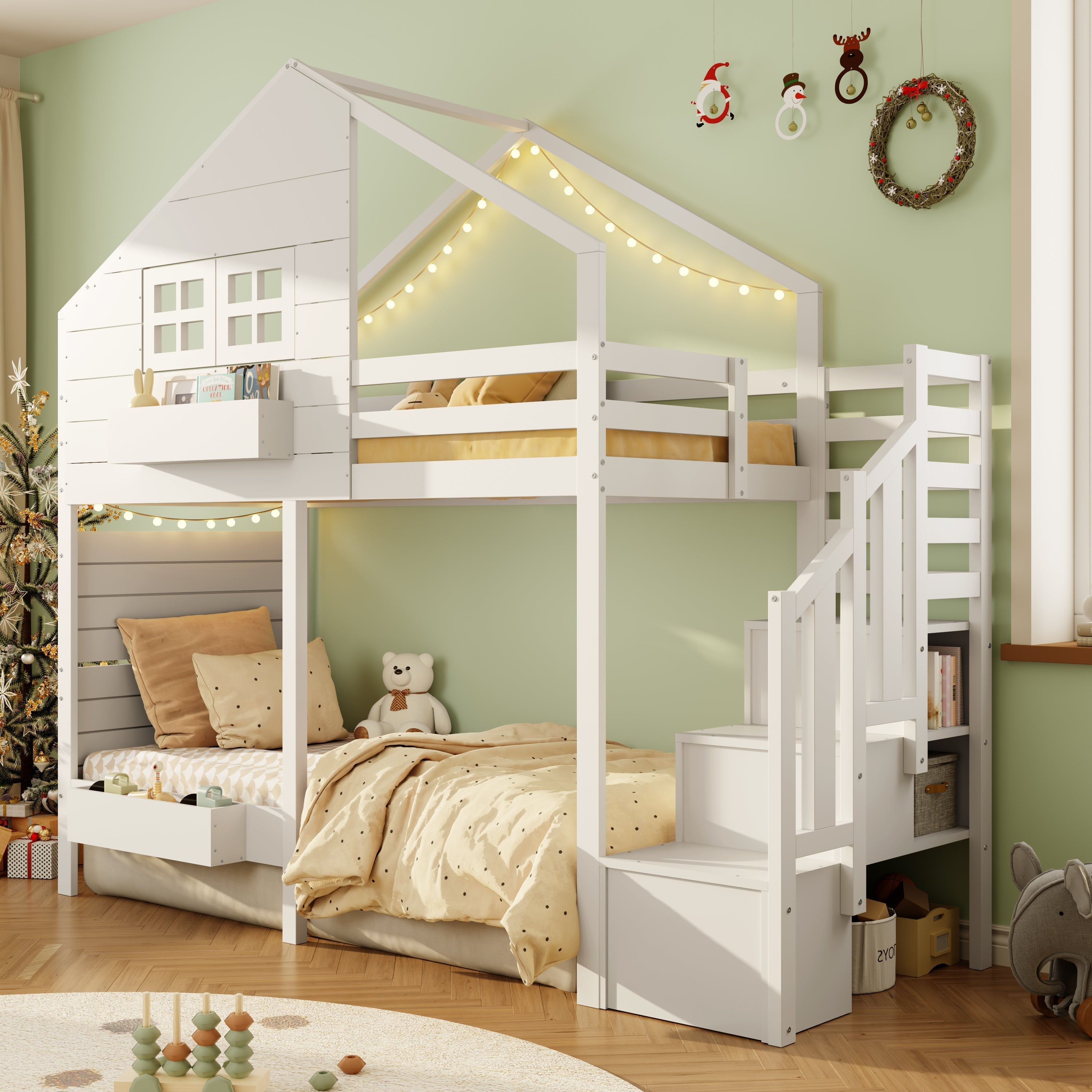 Bunk Bed with Storage Stairs and Fall Protection, 90x200cm, White Solid Wood