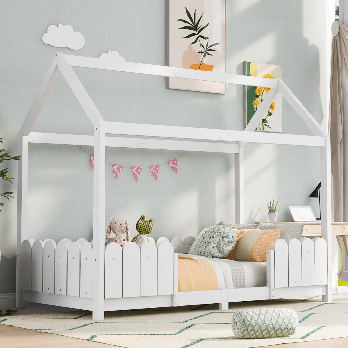 House bed 90x200 cm - versatile wooden children's bed with fall protection and slatted frame - white