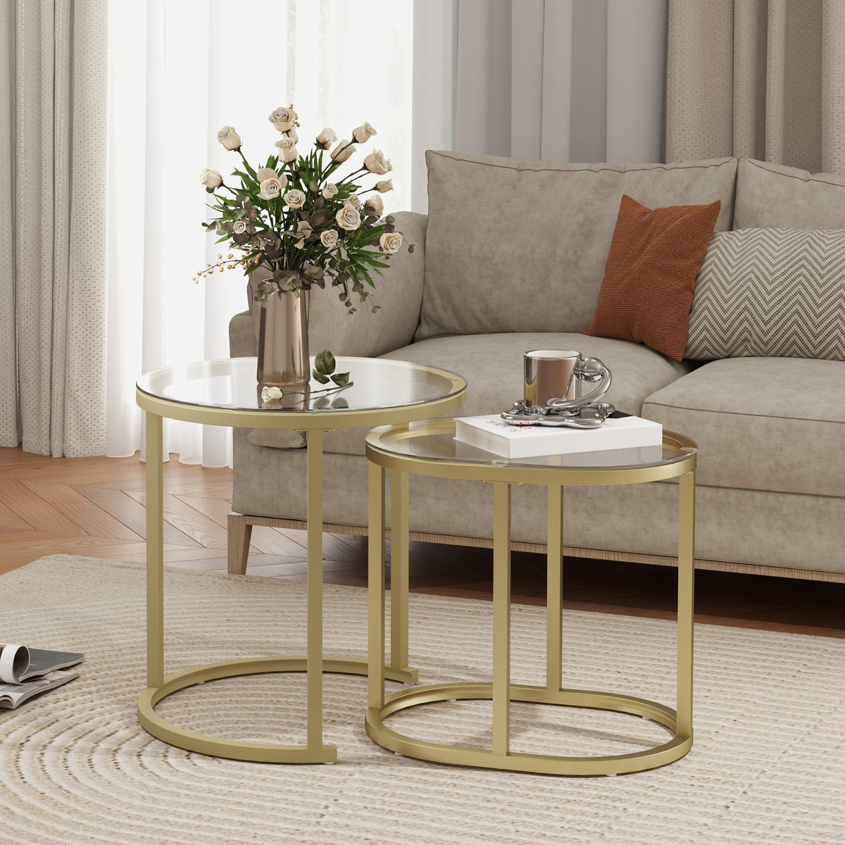 Round coffee table set of 2, stackable side table with steel frame, gold