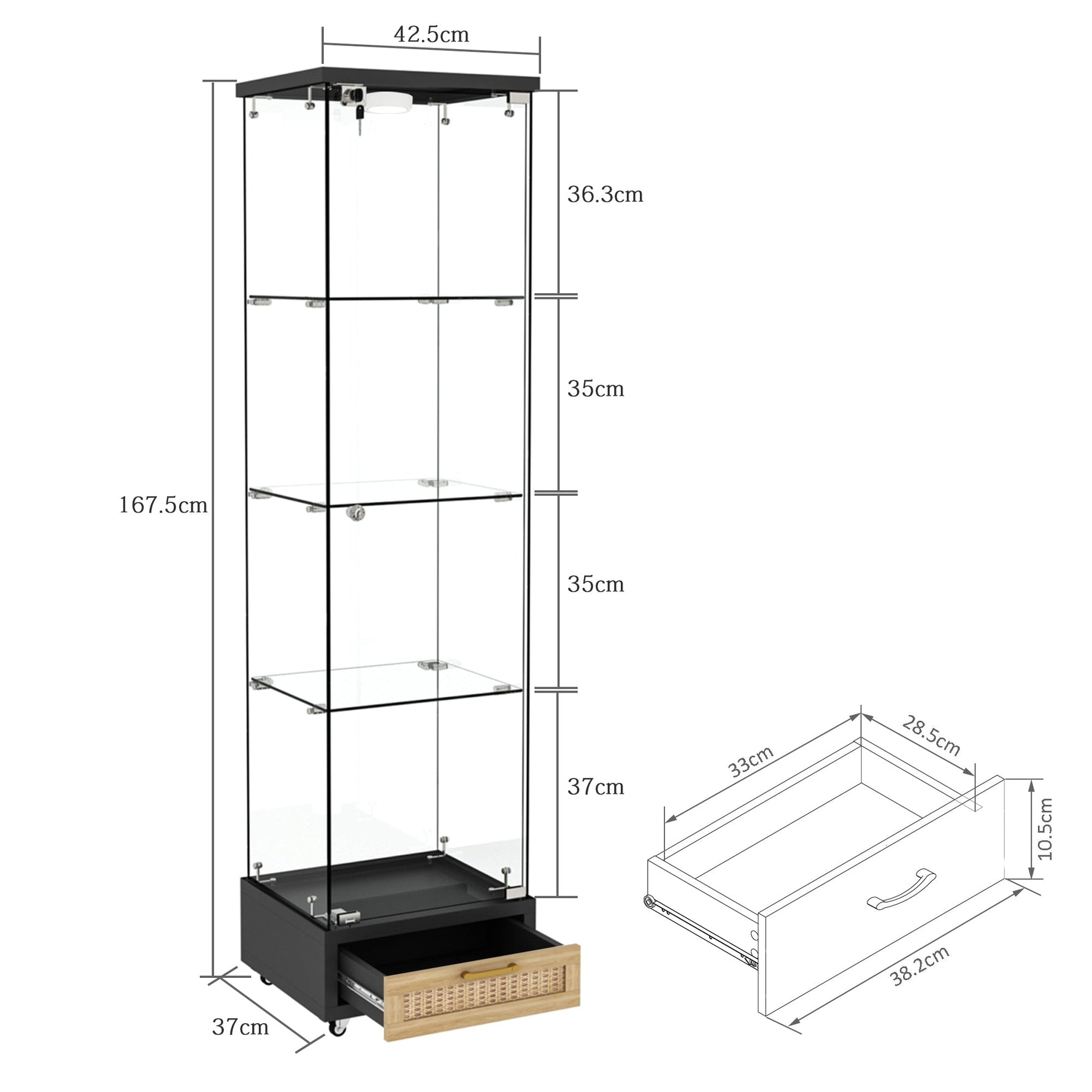 Glass Display Cabinet with LED Lighting, Drawers & Tempered Glass Shelves, H167cm Black