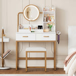 Modern Dressing Table with LED Mirror, Stool & Power Outlets, White