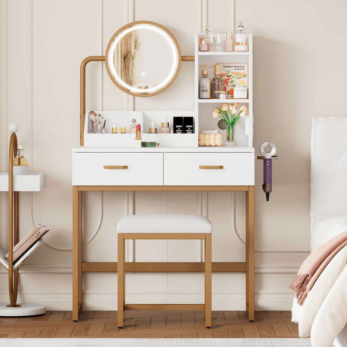 Modern Dressing Table with LED Mirror, Stool & Power Outlets, White