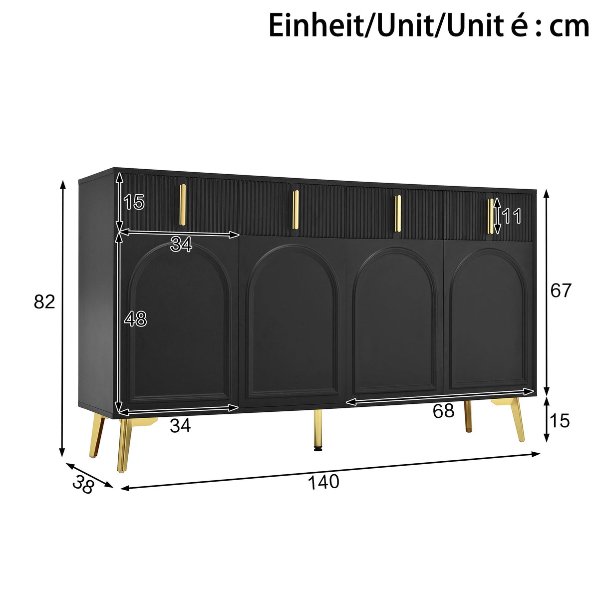 Sideboard, 4 Doors 4 Drawers, Gold Accents