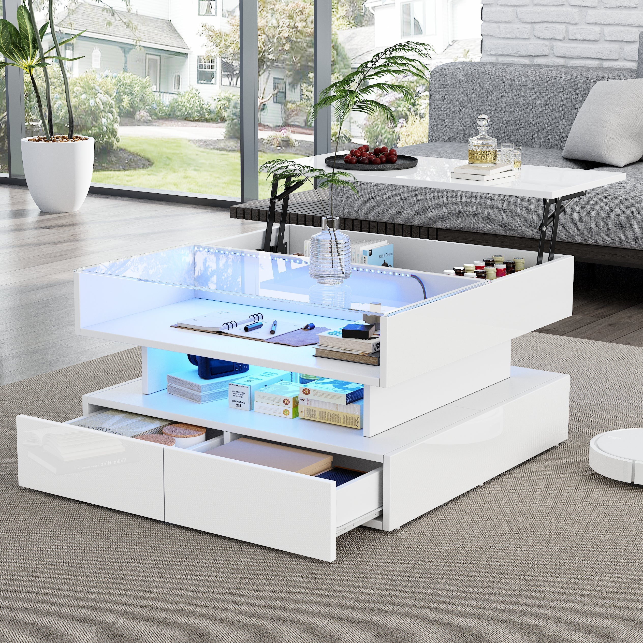 Coffee Table, 80x80x45cm Height-Adjustable Storage LED Lights Tempered Glass, White