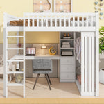 Loft Bed 140x200cm Desk Wardrobe 3 Drawers Storage Stairs - White