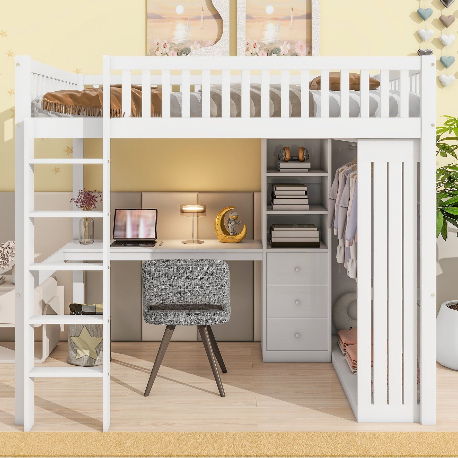 Loft Bed 140x200cm Desk Wardrobe 3 Drawers Storage Stairs - White