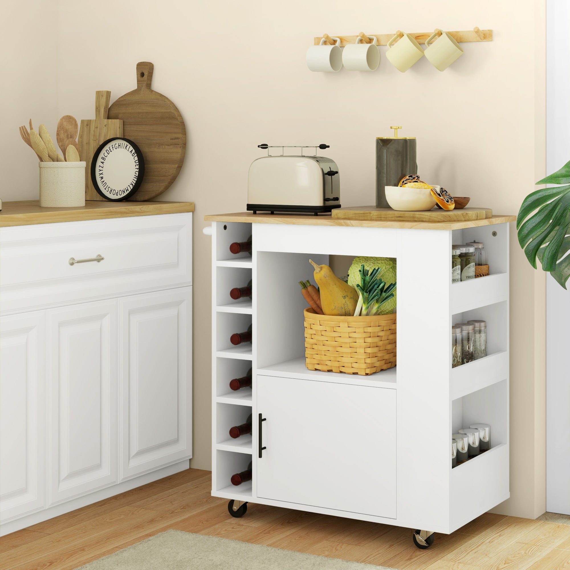 Kitchen Trolley with Worktop, Shelves, Wine Racks, Soft-Close Hinges, Oak