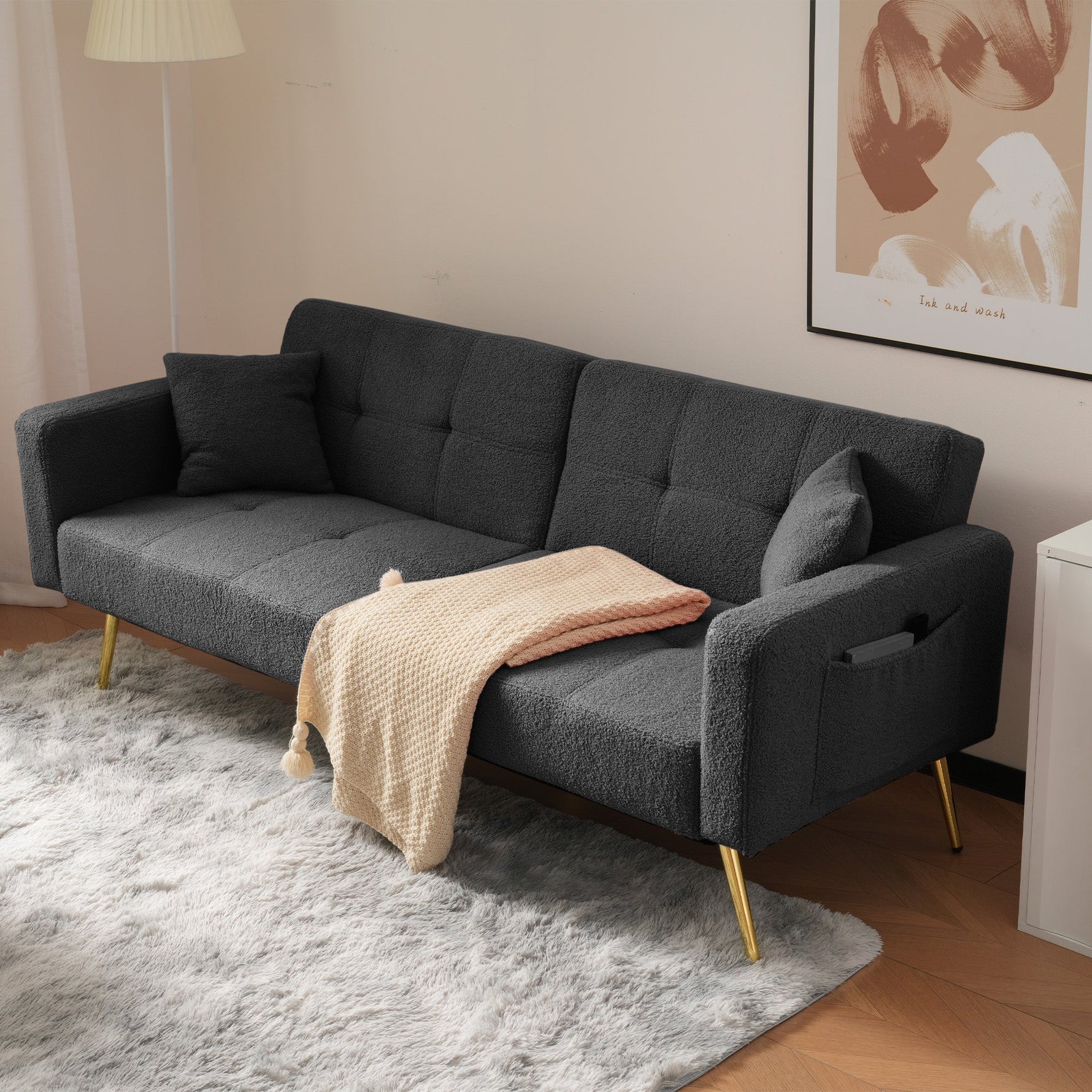 Sofa Bed, Adjustable Angle with Cushions & Storage Pockets, Golden Legs