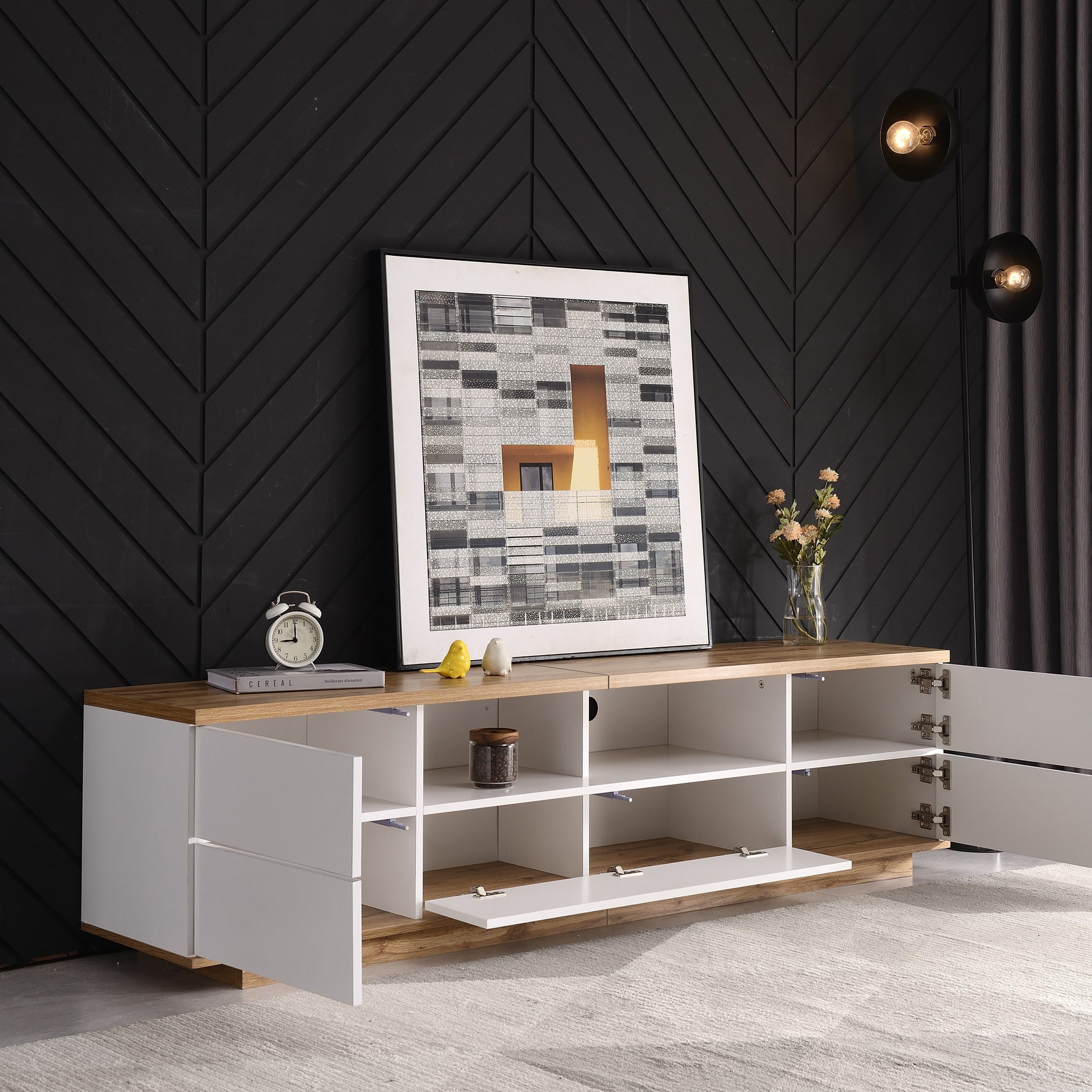 TV Cabinet Modern Color-Block 180cm Wood Grain Finish White