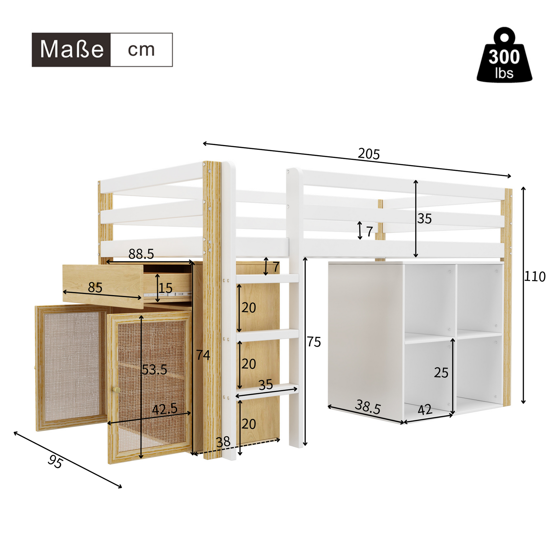 Children's Loft Bed with 2 Storage Cabinets and Ladder, 90x200cm, Natural and White