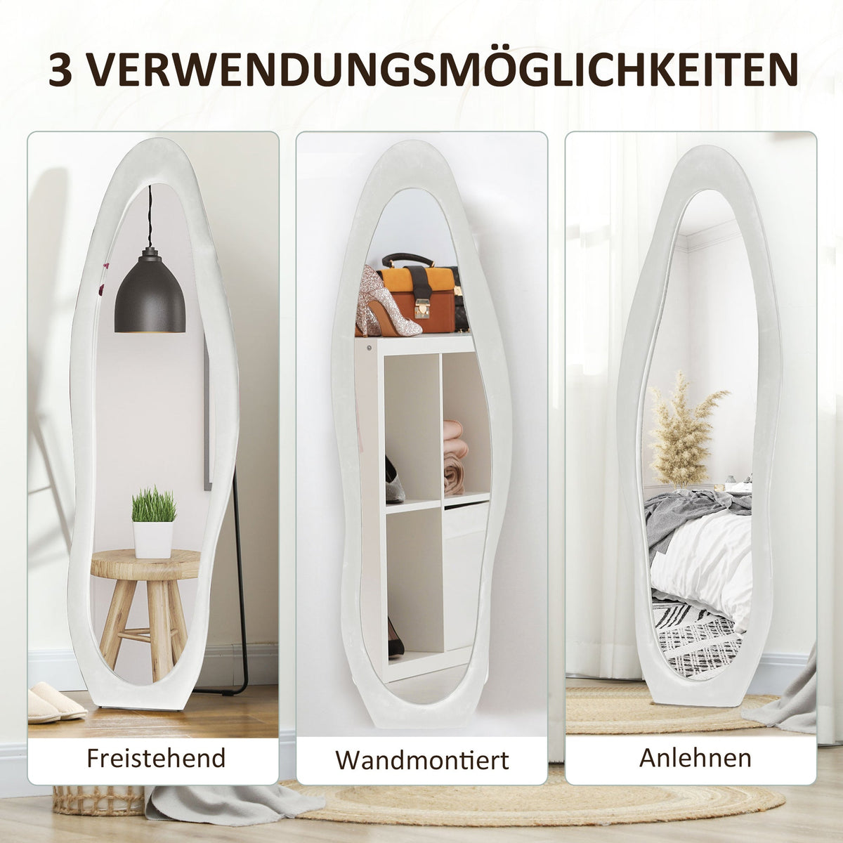 Full Length Mirror, 50 x 160 cm, Irregular Wavy, White Velvet