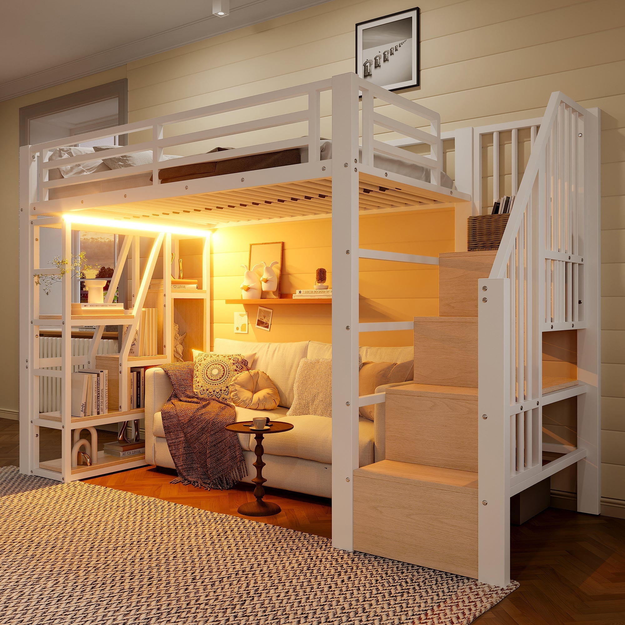 Loft Bed with Storage Steps, LED Lights and Iron Frame, 90 x 200 cm, White
