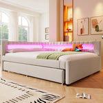Daybed with Pull-Out Bed, LED Light Strip and USB Ports, Beige Linen