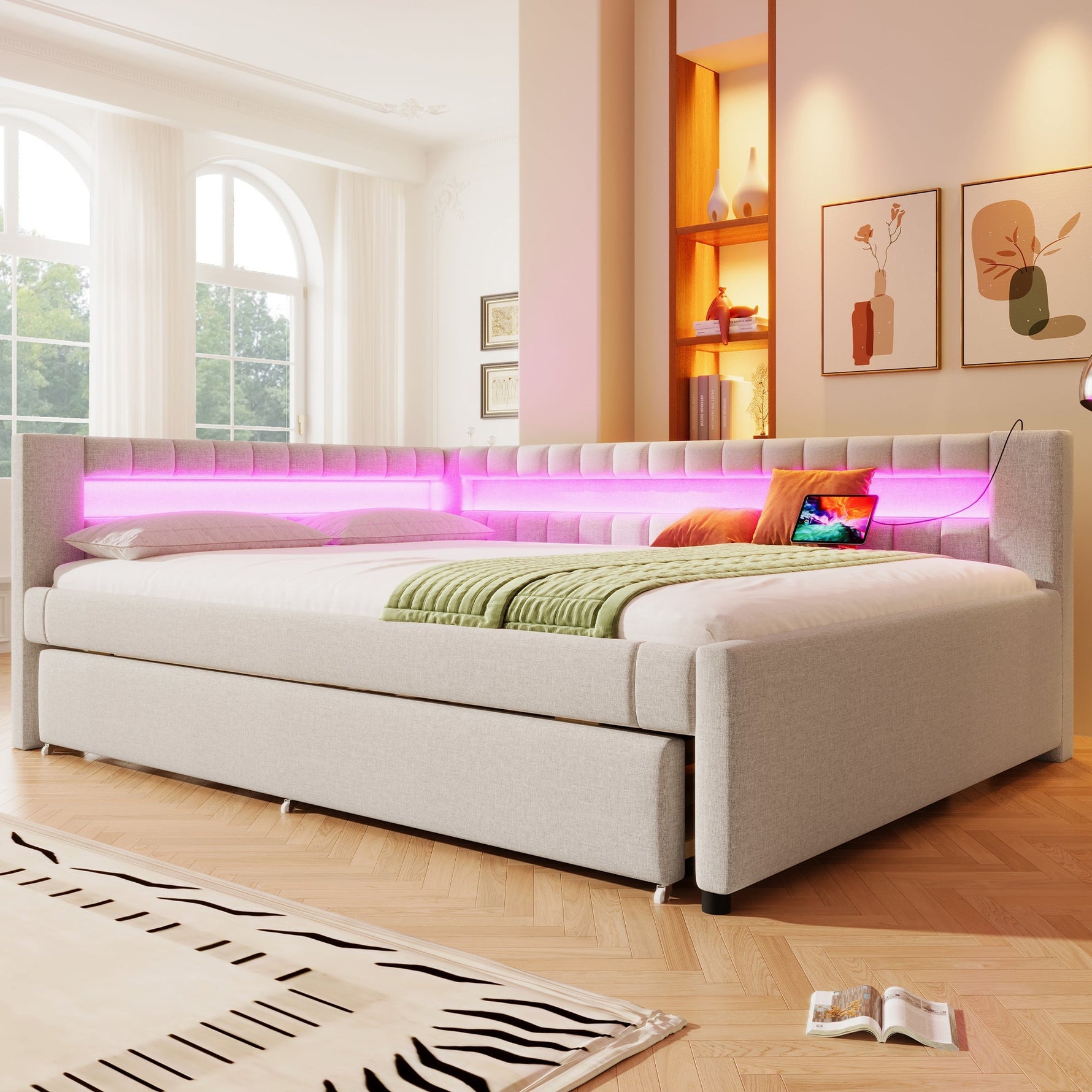 Daybed with Pull-Out Bed, LED Light Strip and USB Ports, Beige Linen