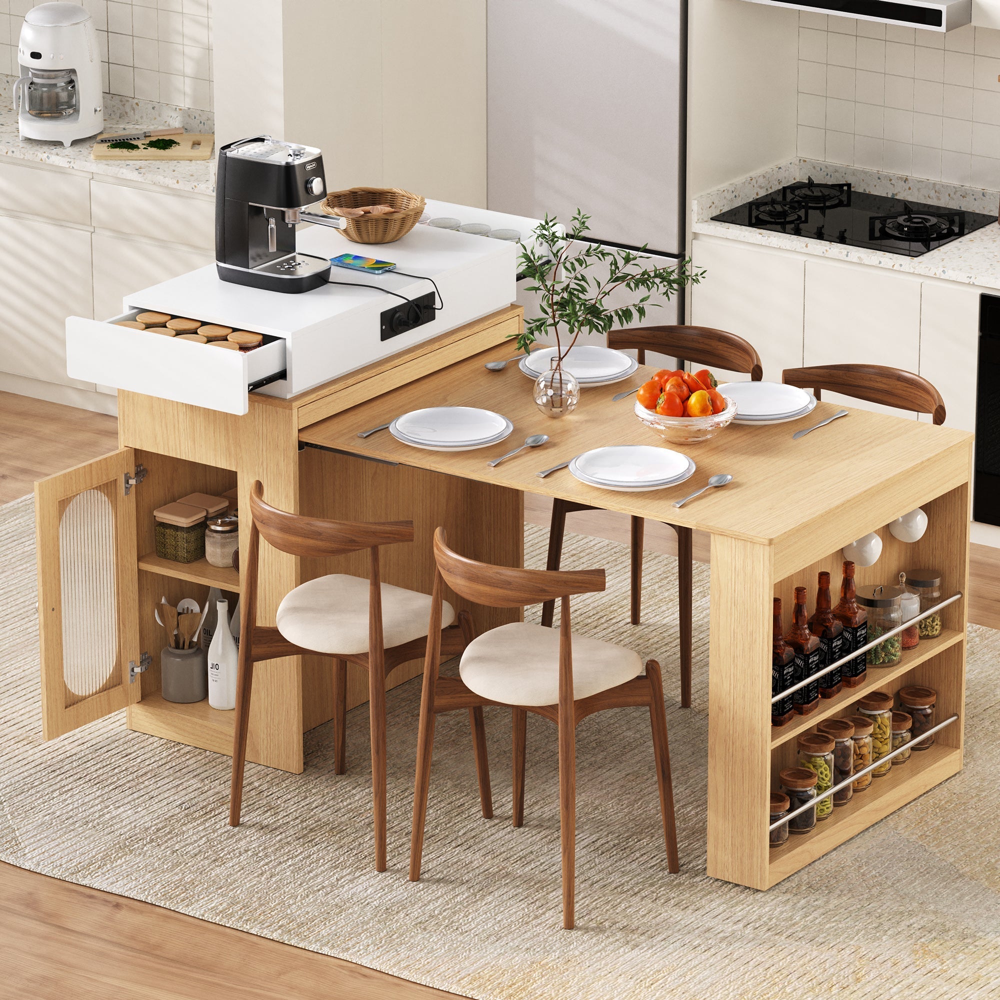 Kitchen Island on Wheels Extendable Dining Table Power Strips & Hooks - Natural