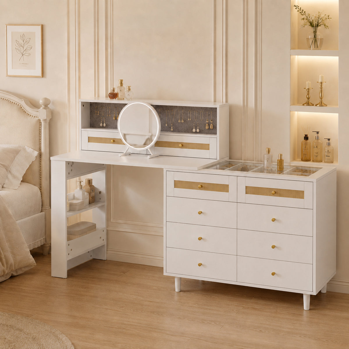 Dressing Table with Jewelry Cabinet & 10 Drawers, White