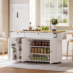 Kitchen Island Cabinet, Fold-Down Worktop Drawers Casters, White