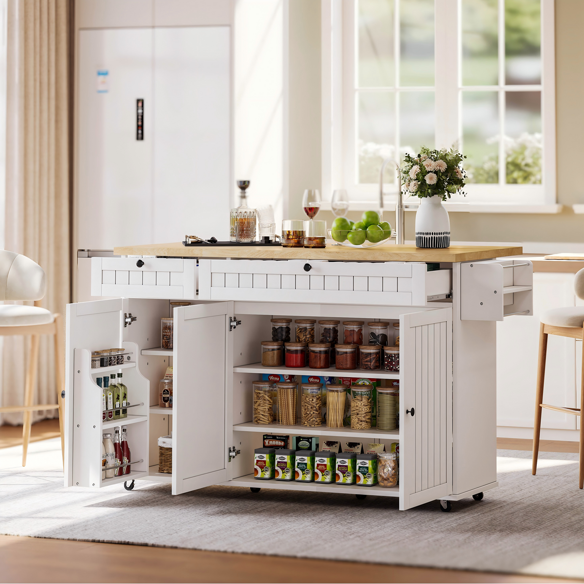 Kitchen Island Cabinet, Fold-Down Worktop Drawers Casters, White