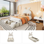 Upholstered Single Bed, Bunny Ears LED Light Storage Stools, Velvet Beige, 90x200cm