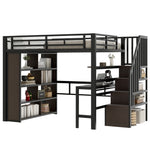 Loft Bed 140x200cm Iron Frame with Desk LED Light Strip Storage Stairs Black