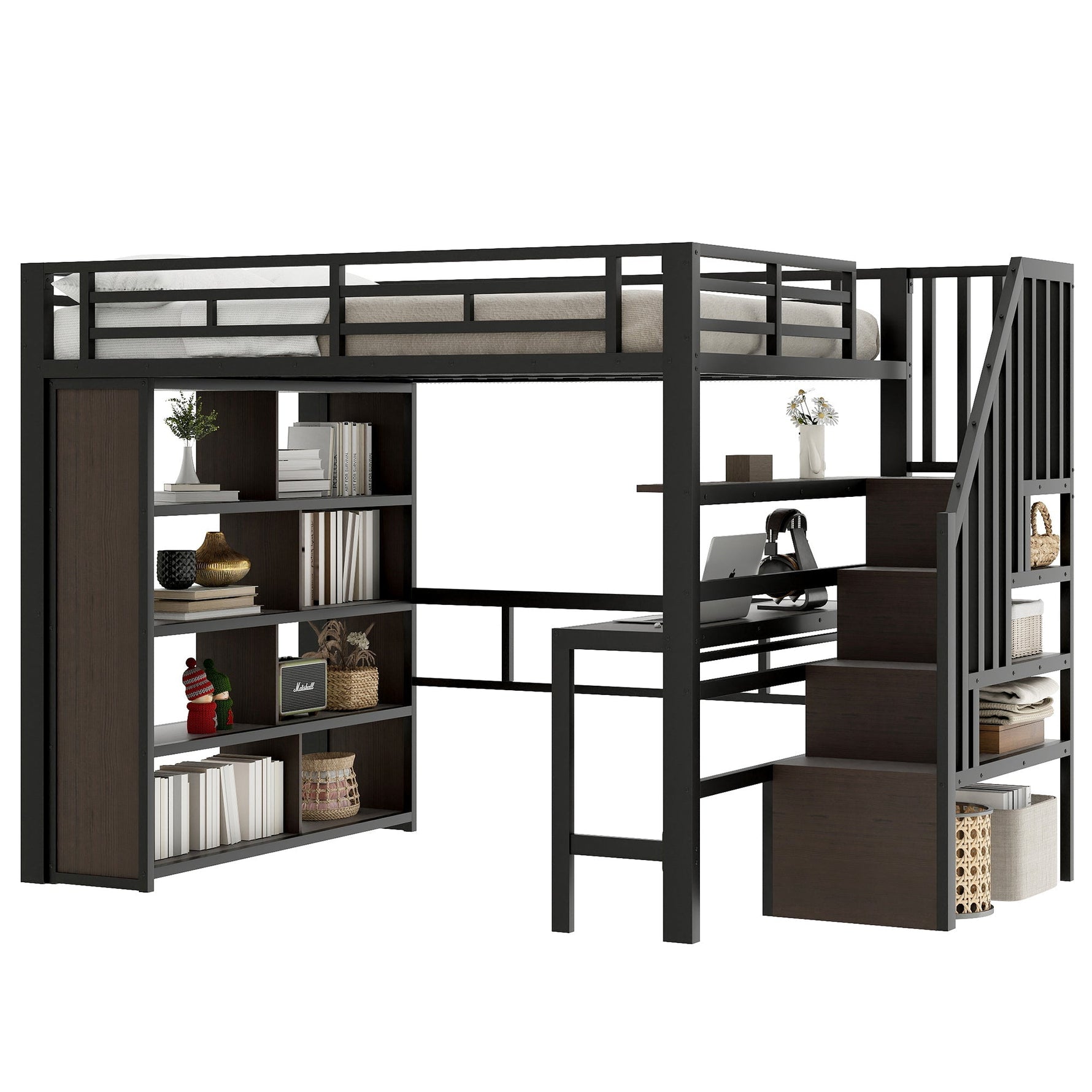 Loft Bed 140x200cm Iron Frame with Desk LED Light Strip Storage Stairs Black