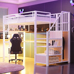 Metal Loft Bed 90x200cm with Light Strip Charging Socket Storage Ladder Wardrobe Desk White