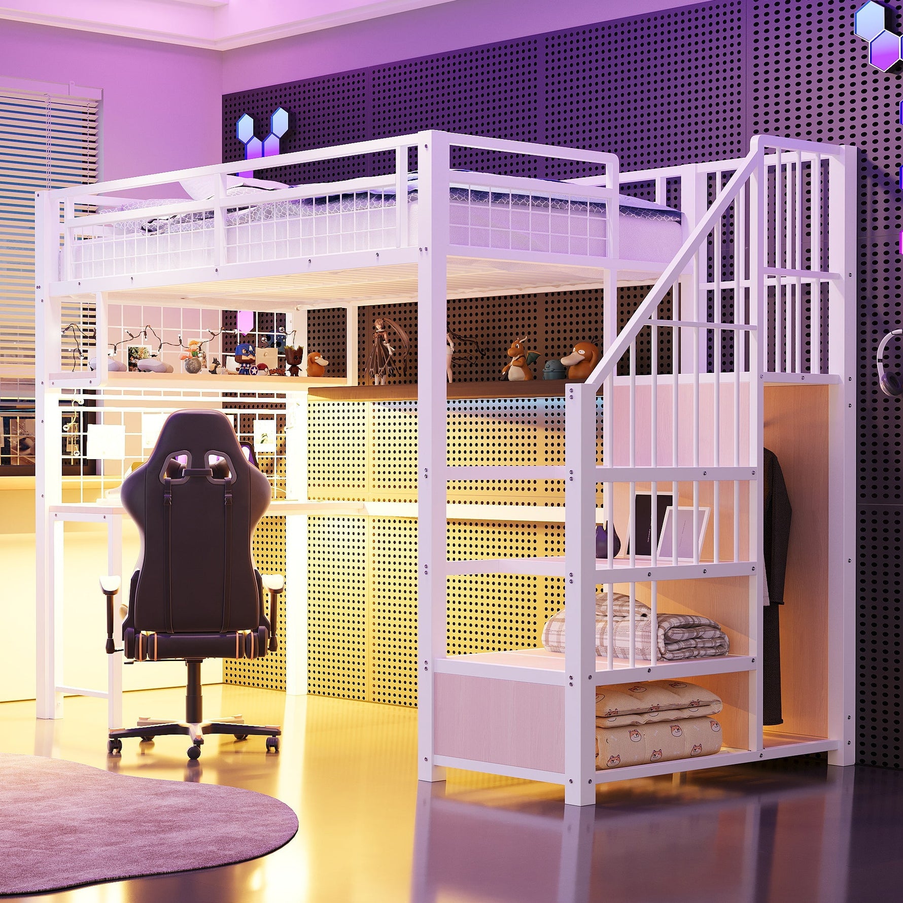 Metal Loft Bed 90x200cm with Light Strip Charging Socket Storage Ladder Wardrobe Desk White