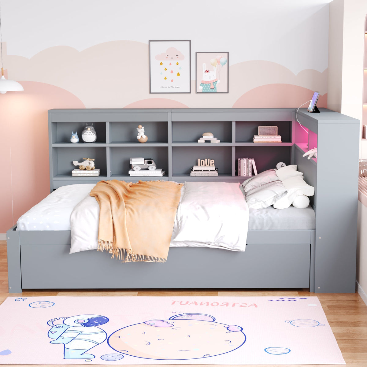 Solid Wood Sofa 140x200cm, Extra Large Drawers, USB, LED, Grey