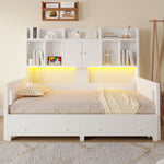 Extendable Wooden Sofa Bed with Storage Drawers & LED - White