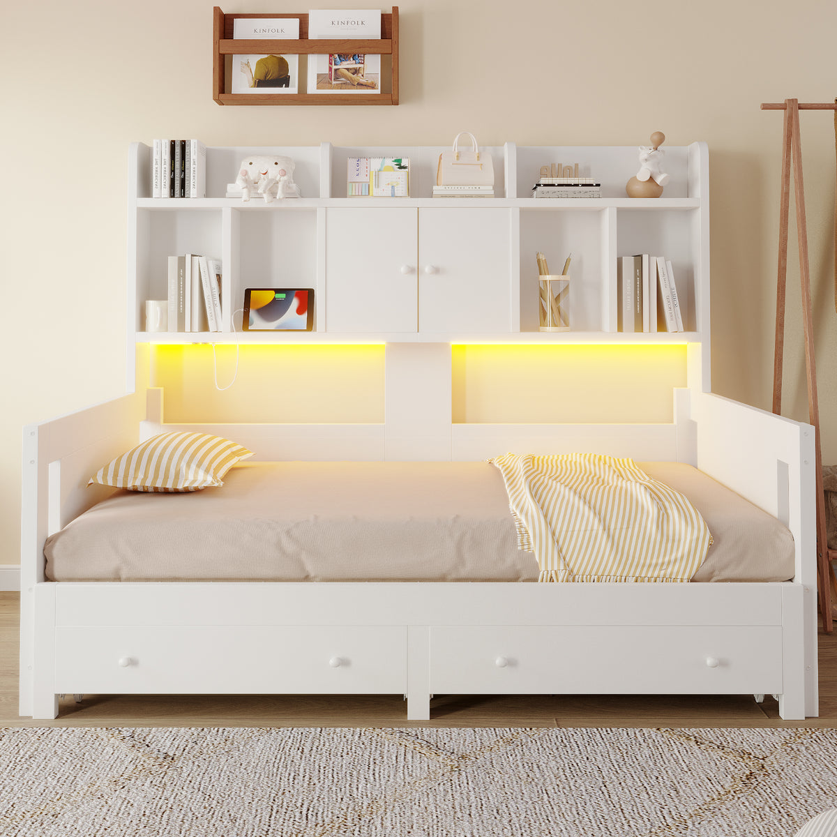 Extendable Wooden Sofa Bed with Storage Drawers & LED - White