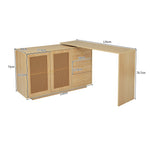 Desk, L-Shaped Corner Computer Table with Rattan Doors, 126 cm White
