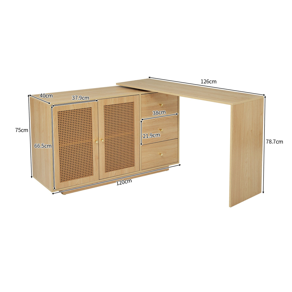 Desk, L-Shaped Corner Computer Table with Rattan Doors, 126 cm White