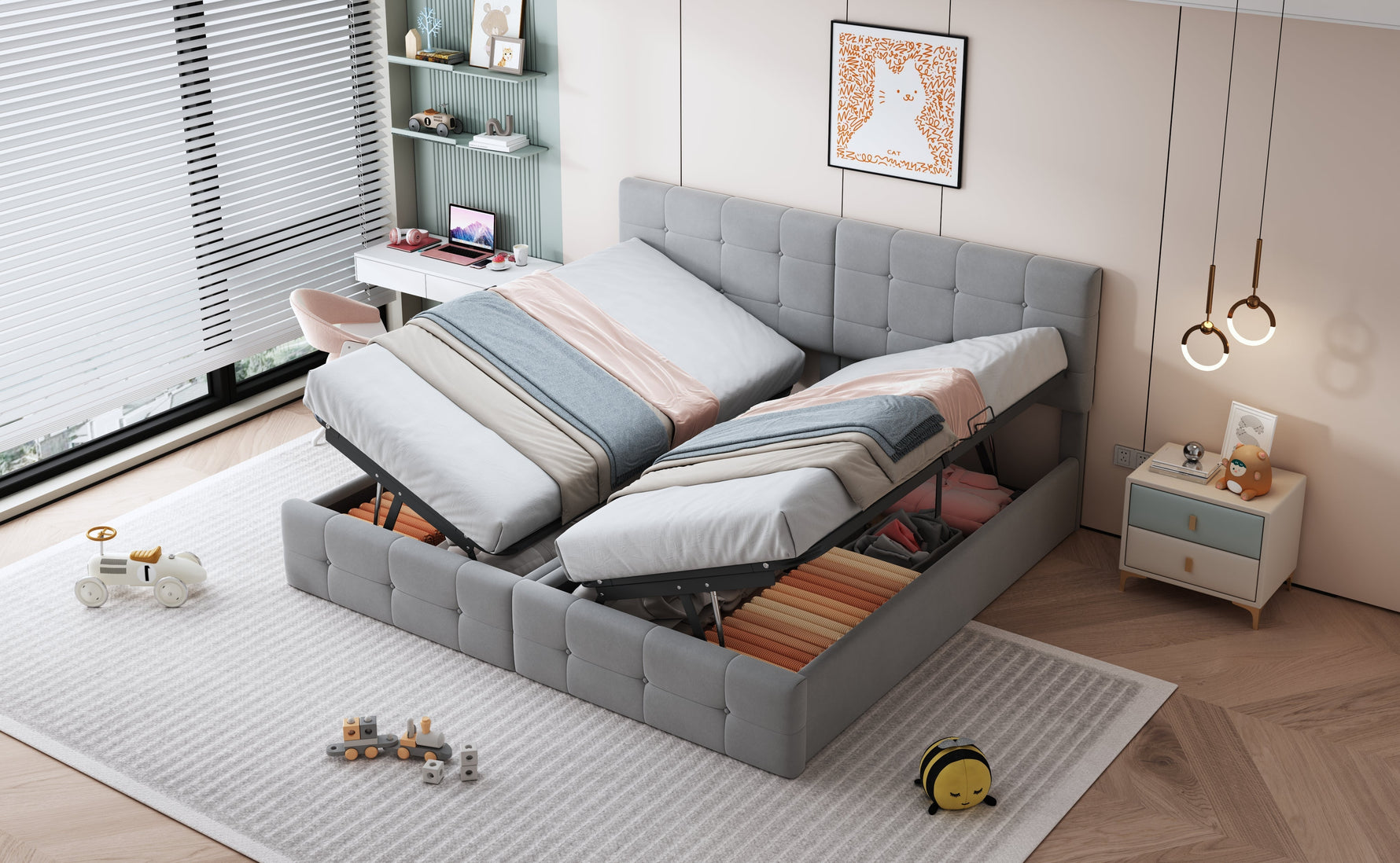 Upholstered Bed 180x200 cm, Hydraulic Storage Multifunctional Double, Velvet Grey
