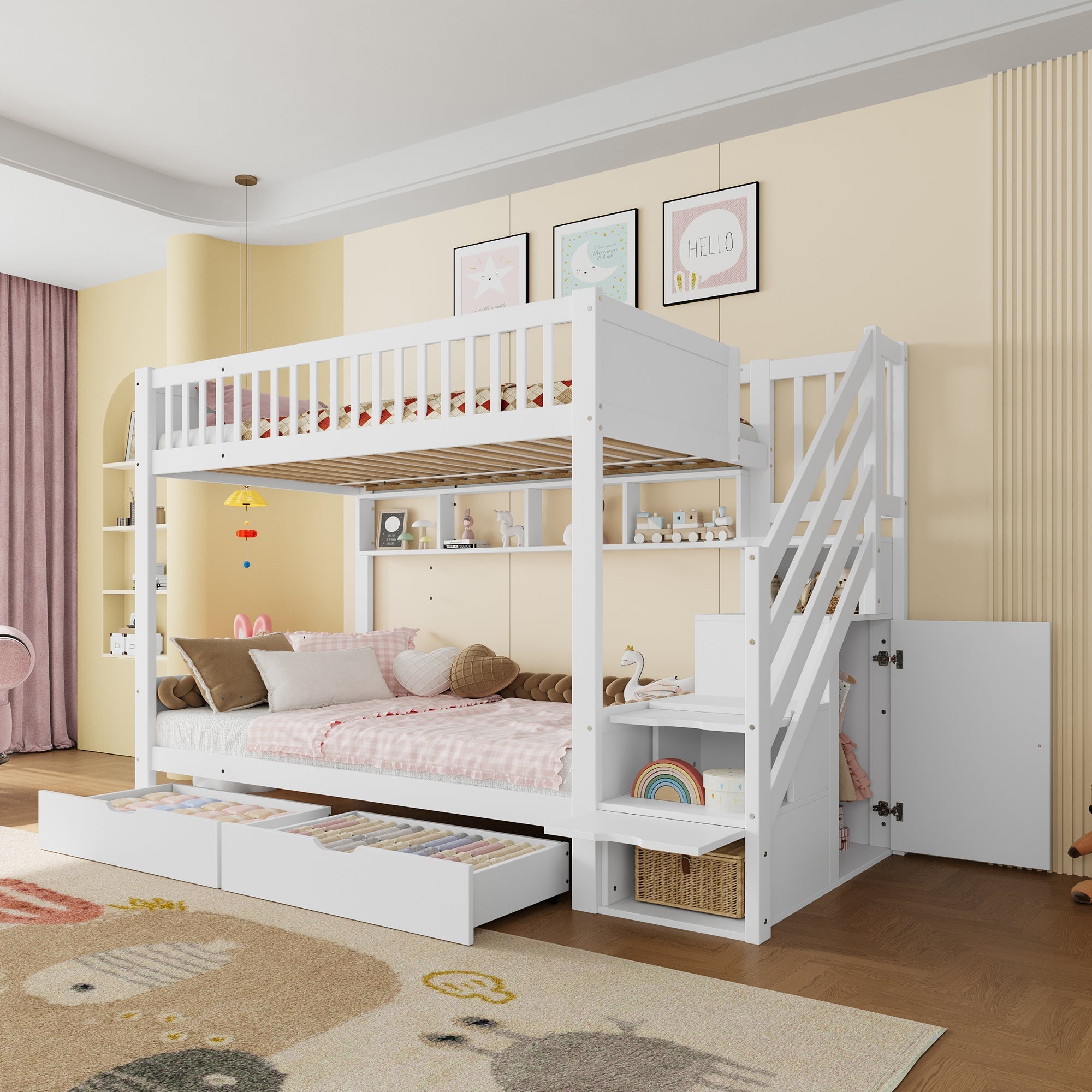 Bunk Bed 90x200cm Drawer Shelf Wardrobe Storage - White