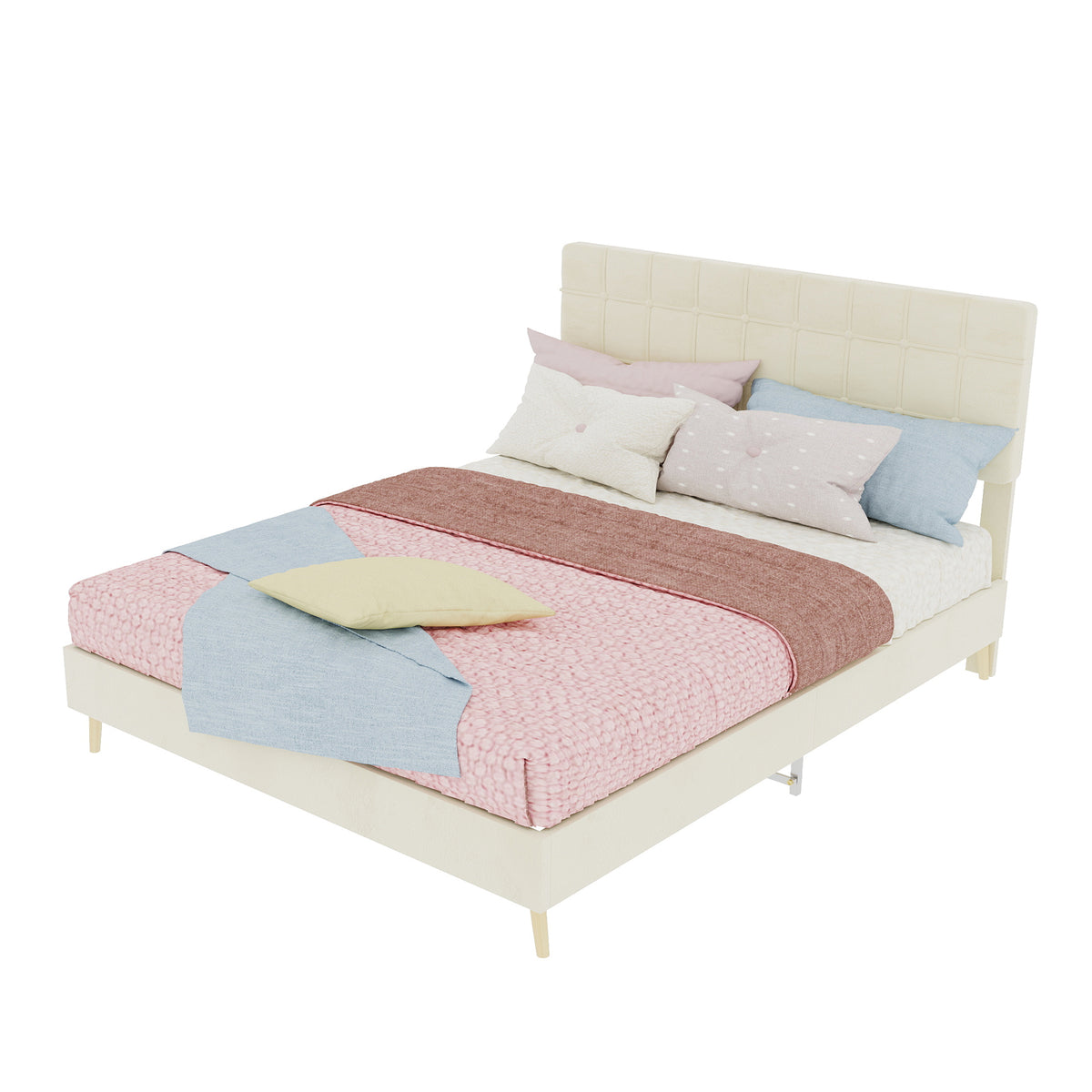 Modern Double Bed 140x200cm with Plaid Headboard, Dark Gray Fabric
