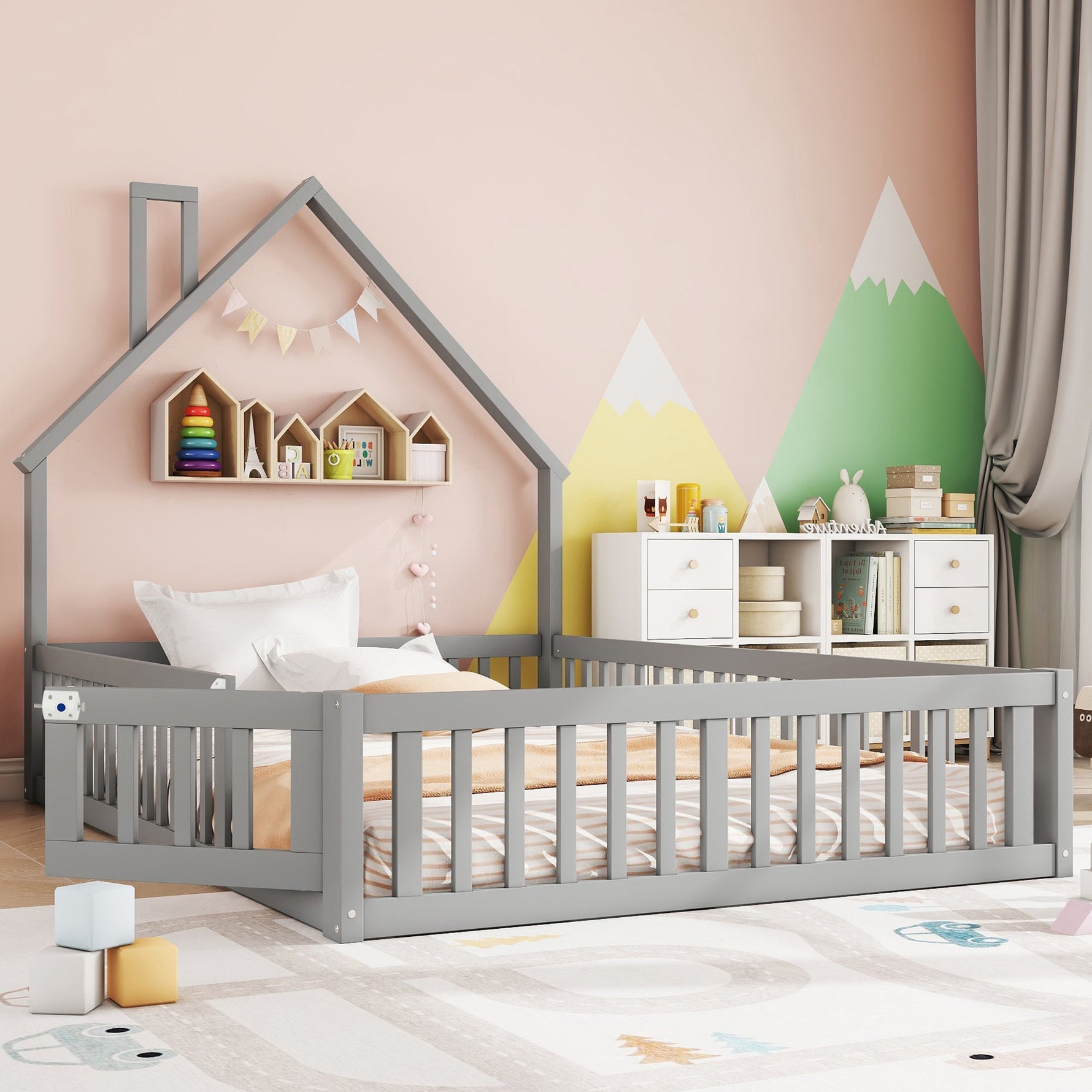 Children's Upholstered Bed with Chimney Shape and Slatted Base, 140x190cm, Grey Pine Wood