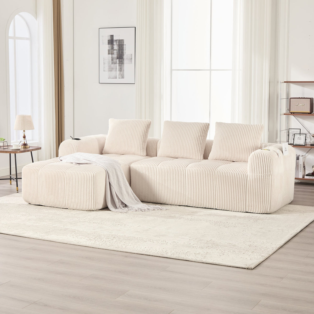 Compact Modular Sofa with Side Pocket, Cup Holder & 3 Cushions - Corduroy Beige