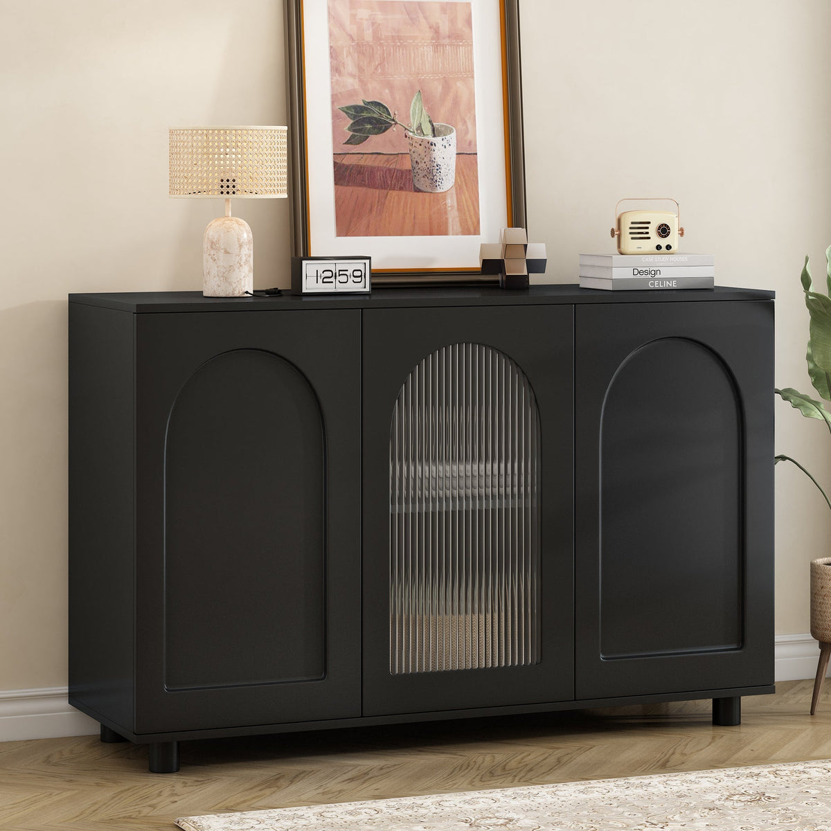 Sideboard U-Shaped Glass Door Rebounder Design - Black