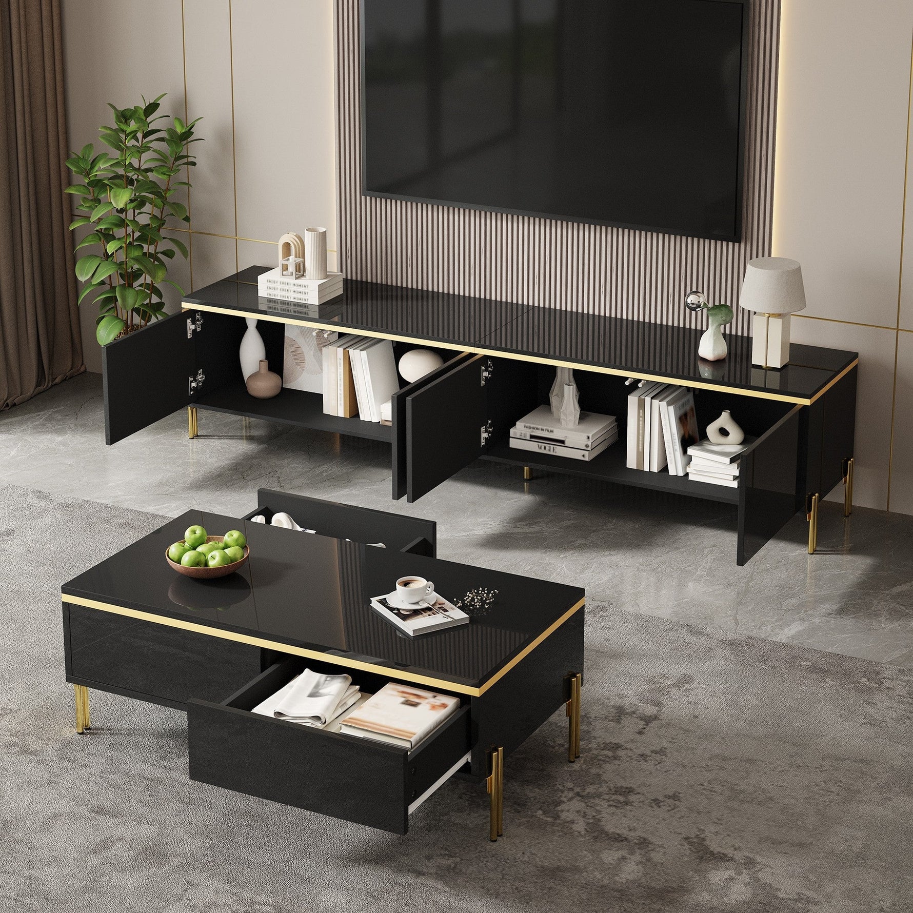 Modern Luxury TV Cabinet & Coffee Table Set - High-Gloss Gold Edges Storage
